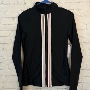 Carbon38 black sample  jacket with striped detail in Lucious soft material
